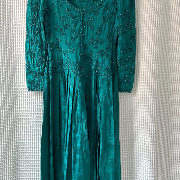 Vtg Marie St. Claire 1980s teal rayon beaded drop-waist tonal floral dress sz 8 - Picture 2 of 6